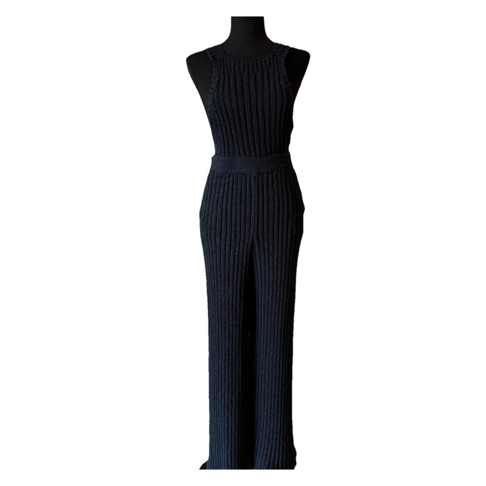 Free People Beach Knit Jumpsuit Ribbed Black Wide Leg Cozy Style Size Small - Picture 2 of 13